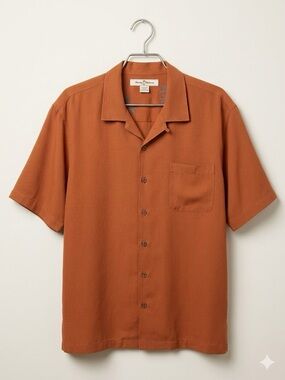 EUC Tommy Bahama 100% Silk Rust Orange Textured Camp Shirt - Large